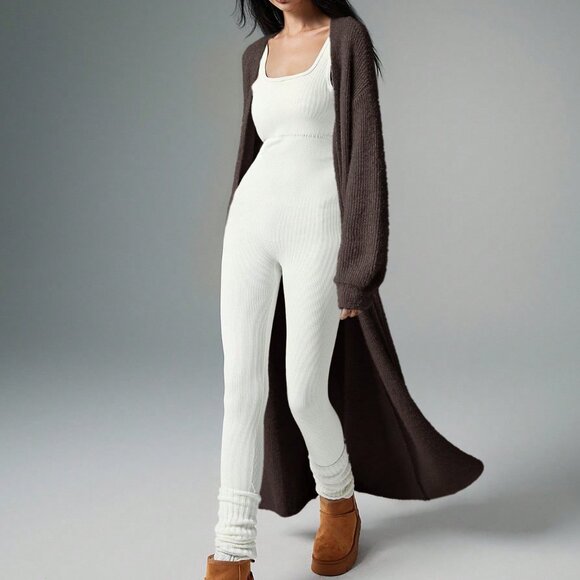 Sweaters - Coffee Brown Casual Women's Plush Extra Long Knit Cardigan